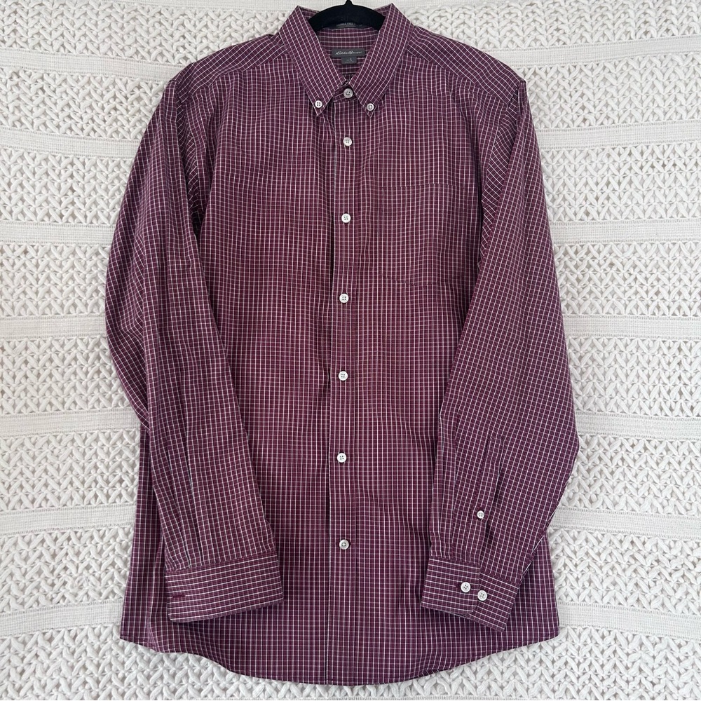 Eddie Bauer Mens Button Down Shirt Large Burgundy Check Long Sleeve Casual